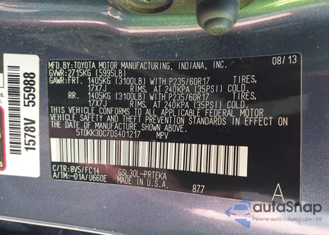 2013 Toyota Sienna Le V6 8 Passenger из США, поврежденный, VIN 5TDKK3DC7DS401217